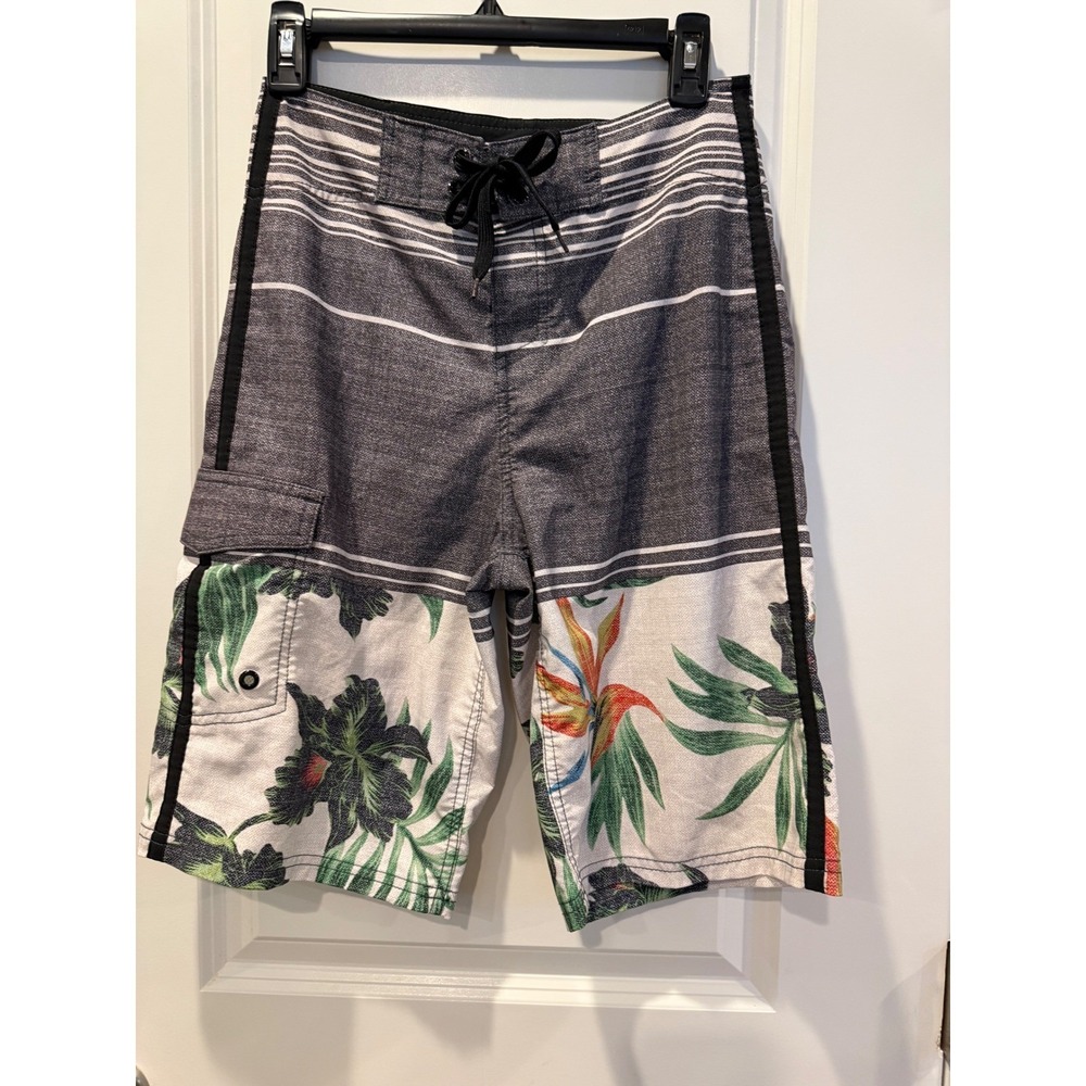 Mossimo Supply Co Mens Grey Striped Tropical Floral Board‎ Shorts Size 28 Swim